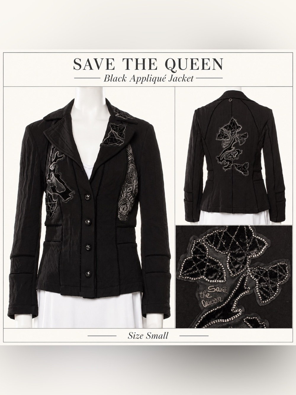 Save The Queen Black Applique Fitted Blazer Jacket Small Gothic Art-to-Wear